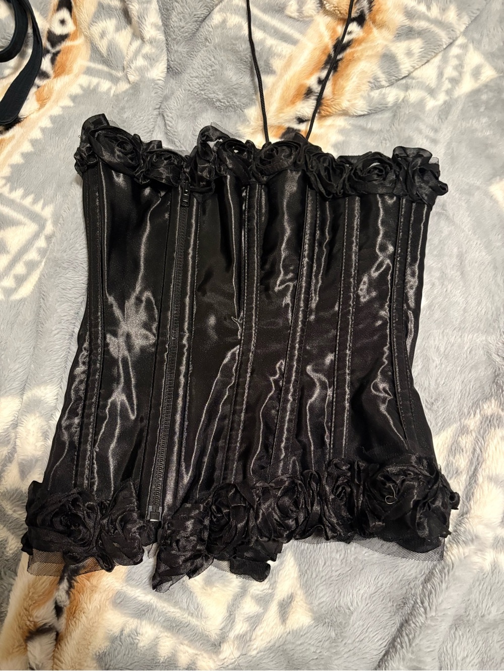 Black Satin Floral-Trim Corset Top - Women Intimates & Sleepwear